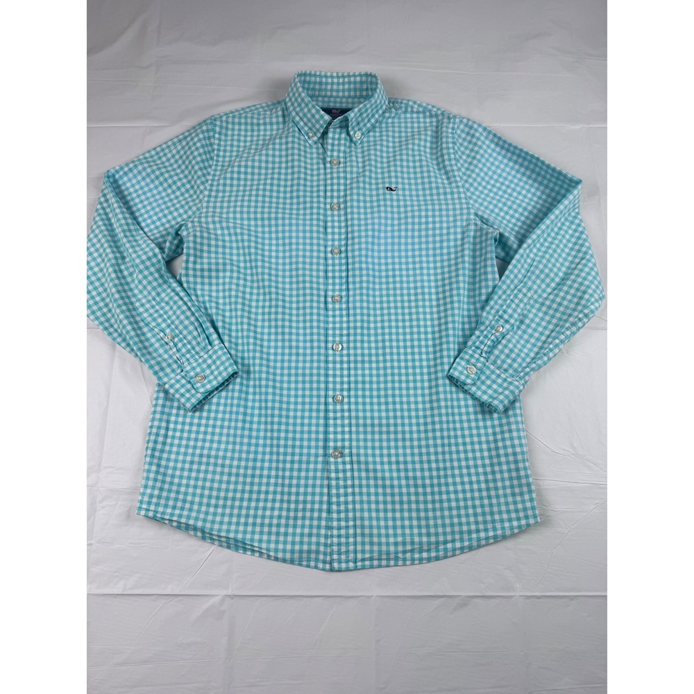 Vineyard Vines Boys XL(18) Gingham Whale Shirt Aqua Blue Button Down 3W0456